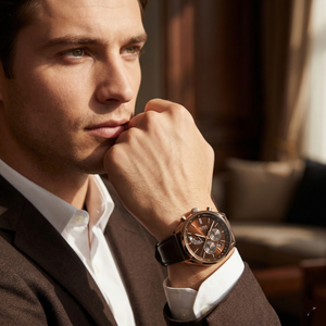 Professional man wearing Hugo Boss Grand Prix 1513605 with brown dial and rose gold case leather strap water resistant 30m