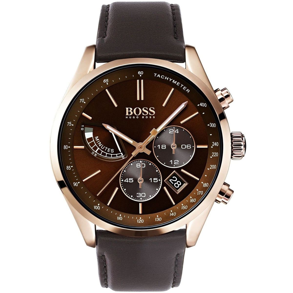 Hugo Boss Grand Prix 1513605 men's watch with brown sunray dial, rose gold-tone case, brown leather strap, and 30m water resistance main view