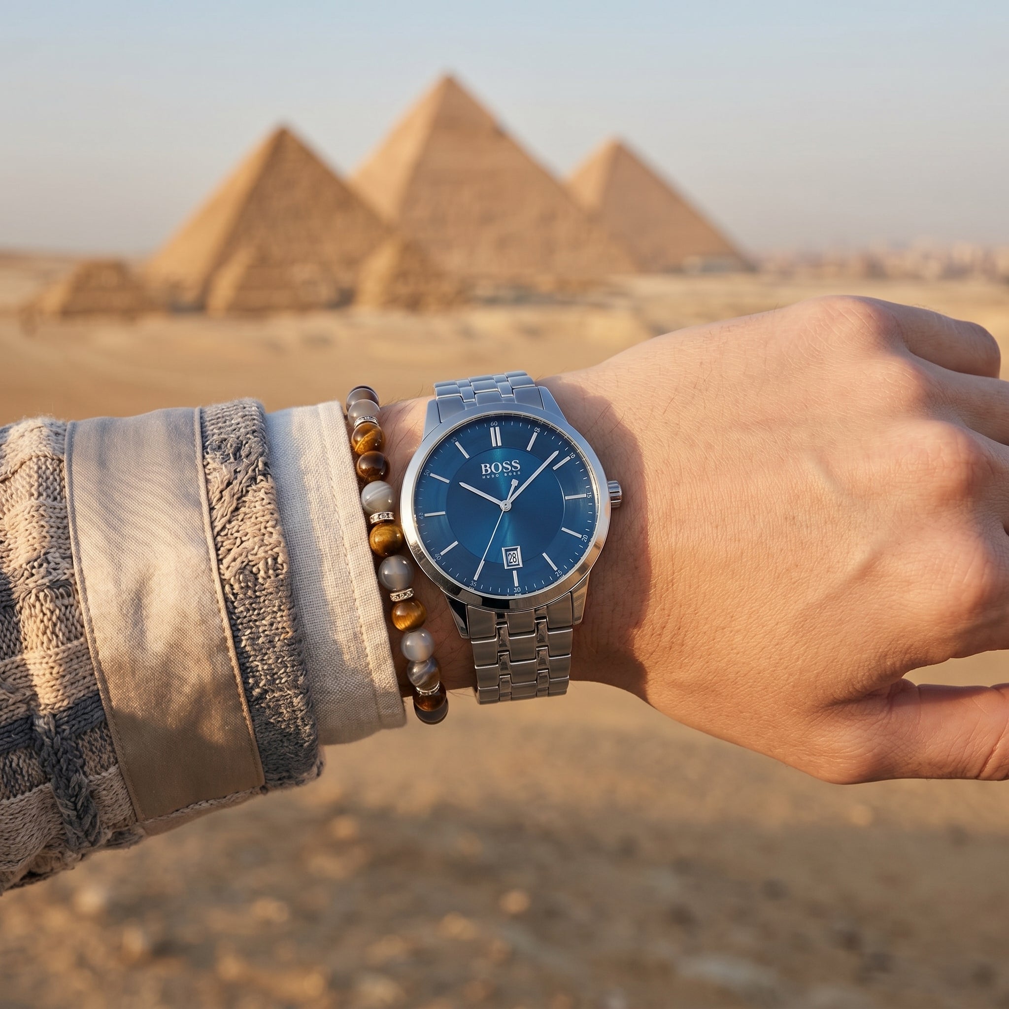 Close up shot of Boss Officer 1513615 on wrist showing the polished silver case and coin-edge bezel detail from Luxury Hub Store