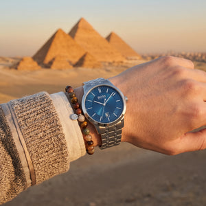 Close up shot of Boss Officer 1513615 on wrist showing the polished silver case and coin-edge bezel detail from Luxury Hub Store