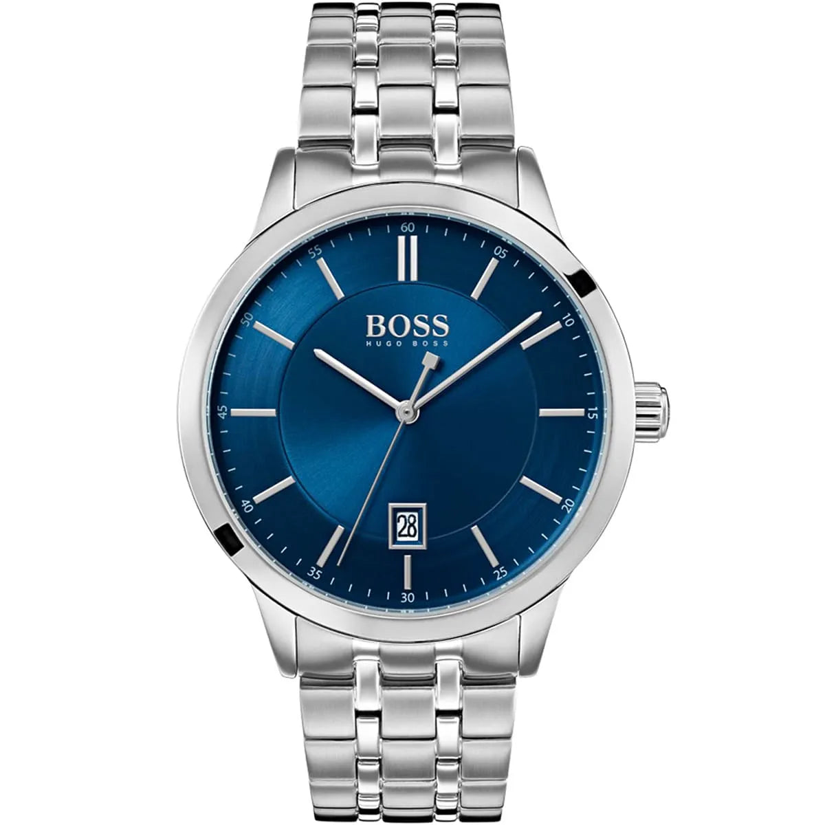 Authentic real-life photo of Boss Officer 1513615 showing silver bracelet and royal blue sunray dial from Luxury Hub Store