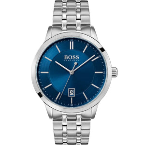 Authentic real-life photo of Boss Officer 1513615 showing silver bracelet and royal blue sunray dial from Luxury Hub Store