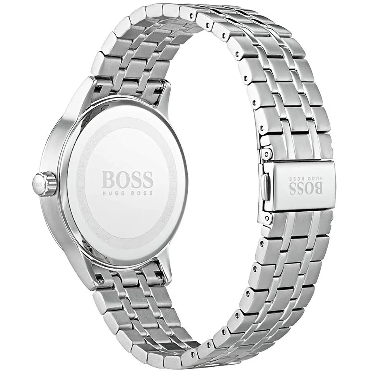 Back view photo of Boss Officer 1513615 showing the stainless steel caseback and engraved markings from Luxury Hub Store
