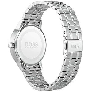 Back view photo of Boss Officer 1513615 showing the stainless steel caseback and engraved markings from Luxury Hub Store