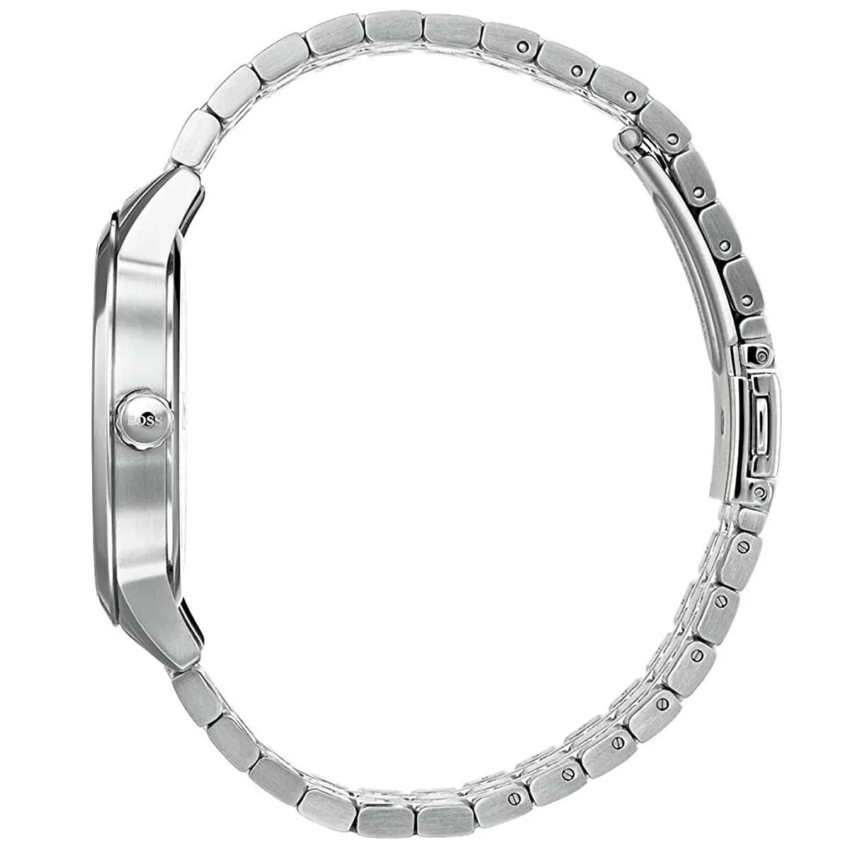 Side view photo of Boss Officer 1513615 showing case thickness and sleek crown design from Luxury Hub Store