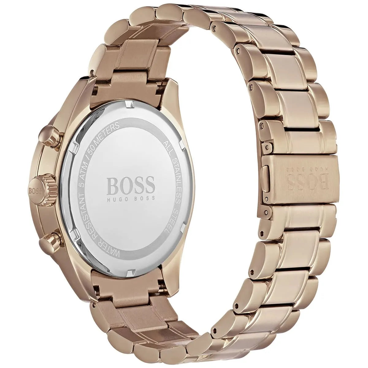 Caseback of Hugo Boss Trophy 1513632 showing technical specs gray dial and rose gold metal strap 50m water resistance