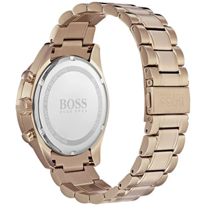 Caseback of Hugo Boss Trophy 1513632 showing technical specs gray dial and rose gold metal strap 50m water resistance