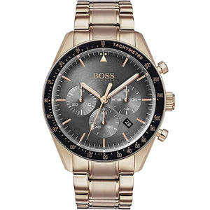Hugo Boss Trophy 1513632 men's watch with gray sunray dial, rose gold metal link strap, and 50m water resistance main view
