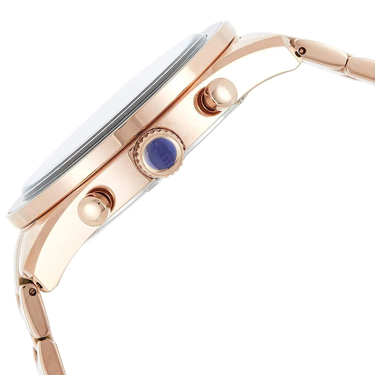 Detailed view of rose gold crown and pushers on Hugo Boss Trophy 1513632 with gray dial and rose gold metal strap 50m water resistant