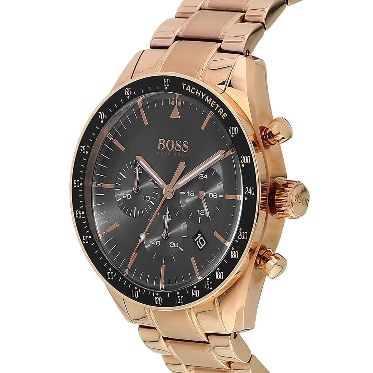 Left angled view of Hugo Boss Trophy 1513632 showing gray sunray dial detail and rose gold link bracelet water resistant 50m