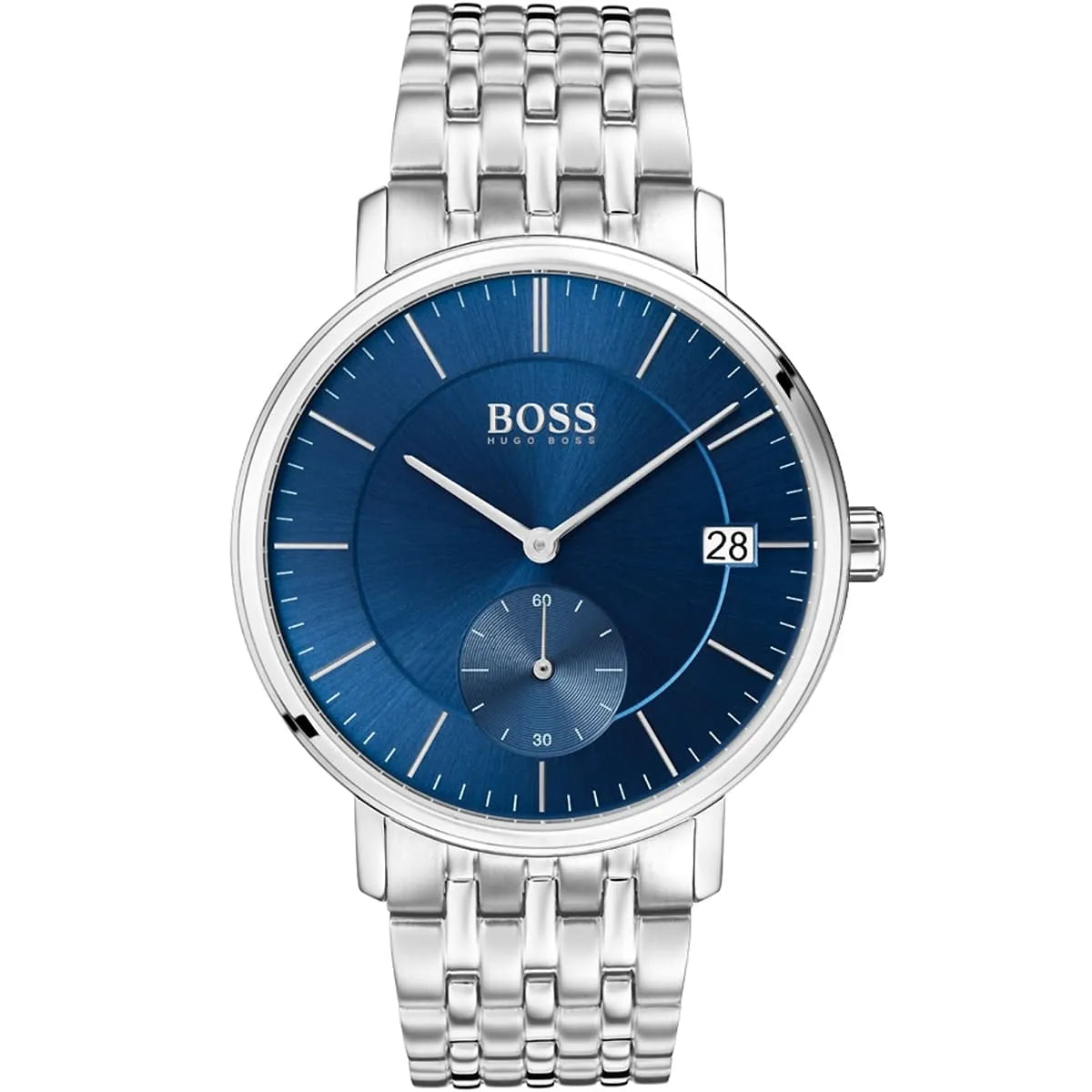 Hugo Boss Corporal 1513642 men's watch featuring a silver stainless steel case, blue dial with small seconds sub-dial, and silver link bracelet