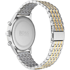 Caseback of Hugo Boss Companion 1513654 showing technical specs silver dial and two-tone metal strap 50m water resistance
