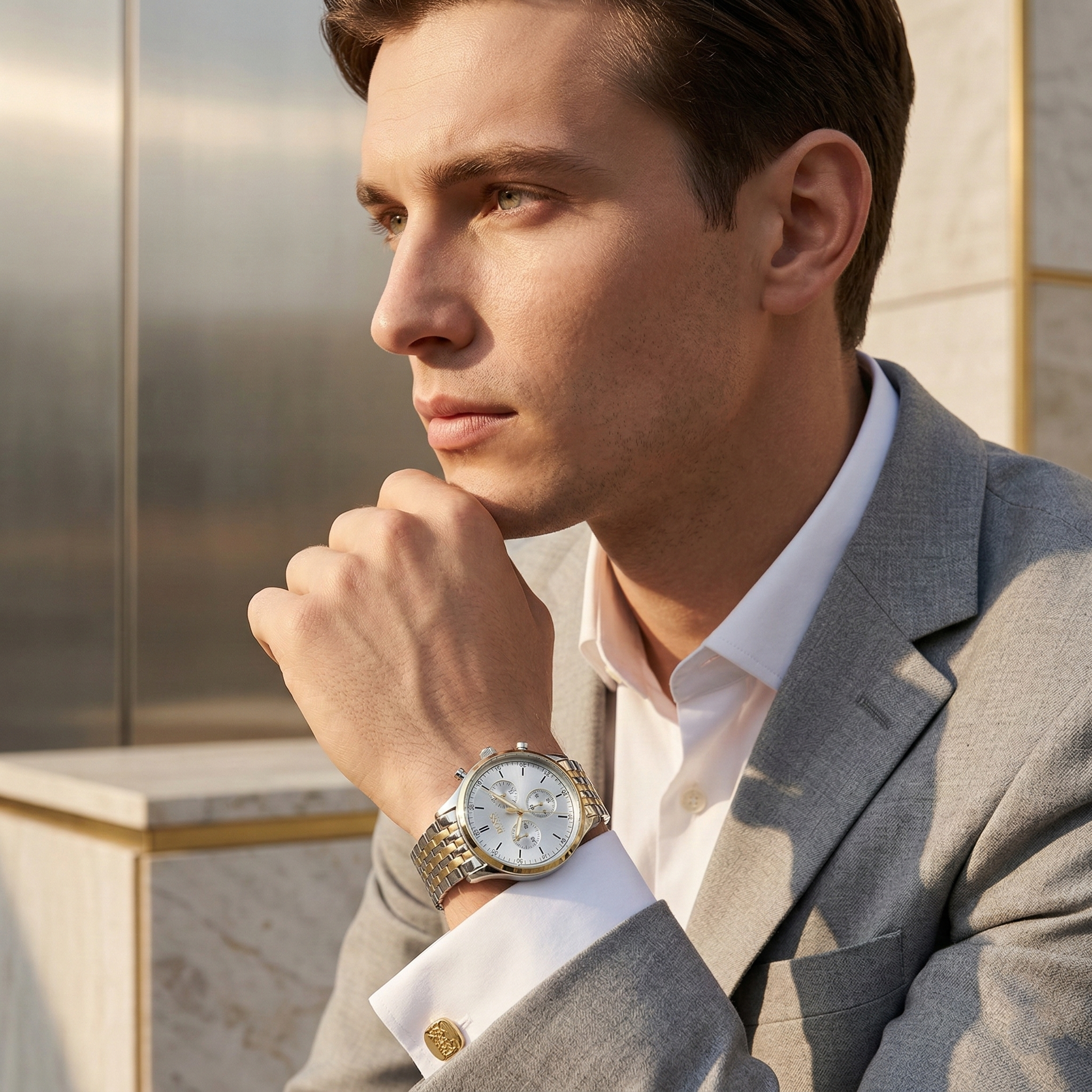 Professional man wearing Hugo Boss Companion 1513654 with silver dial and two-tone metal link strap water resistant 50m
