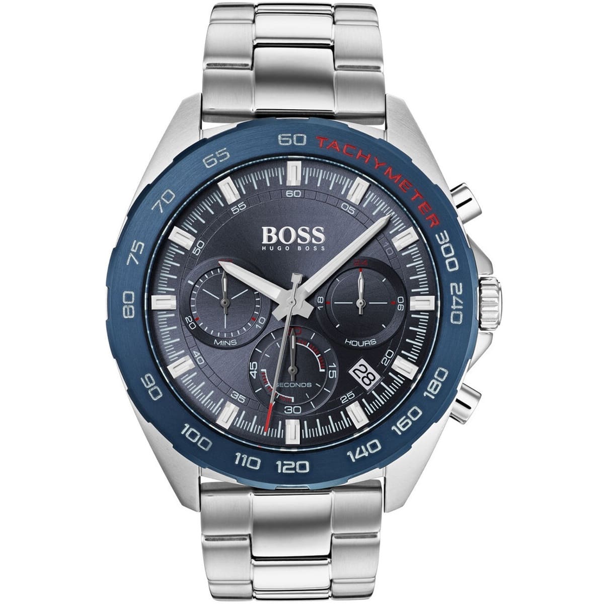 Hugo Boss Intensity 1513665 men's watch with blue dial, blue bezel, silver metal link strap, and 50m water resistance main view