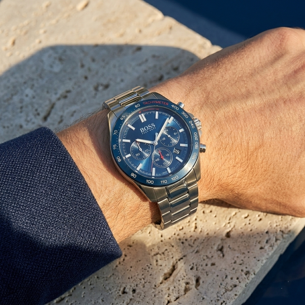 Close up of Hugo Boss Intensity 1513665 on wrist showing blue dial and blue bezel with silver metal strap 50m water resistance