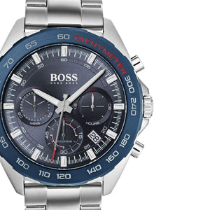 Right angled view of Hugo Boss Intensity 1513665 highlighting blue dial and blue tachymeter bezel 50m water resistance