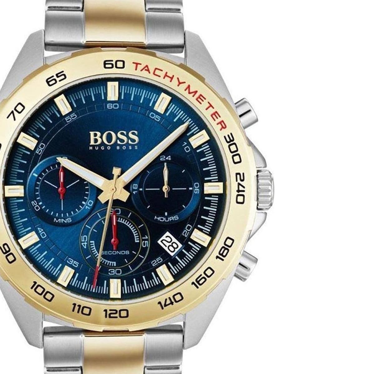 Right angled view of Hugo Boss Intensity 1513667 highlighting blue dial and blue tachymeter bezel 50m water resistance