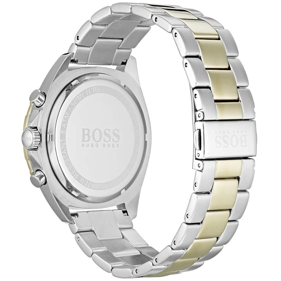 Caseback of Hugo Boss Intensity 1513667 showing technical specs blue dial and two-tone metal strap 50m water resistance