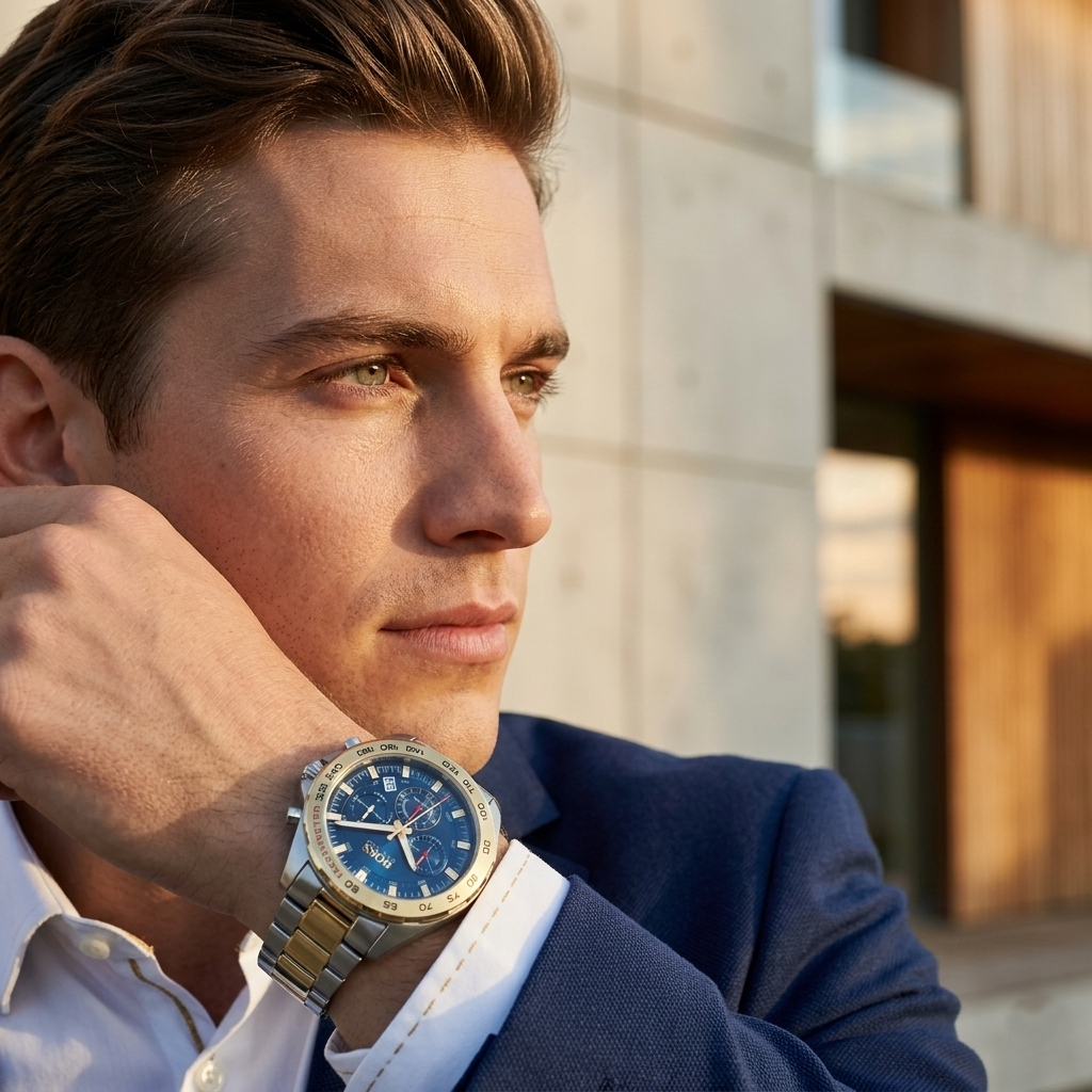 Professional man wearing Hugo Boss Intensity 1513667 with blue dial and silver gold metal strap water resistant 50m