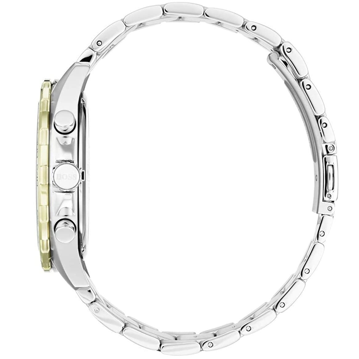 Side profile of Hugo Boss Intensity 1513667 showing 12mm thickness and two-tone metal finish with 50m water resistance