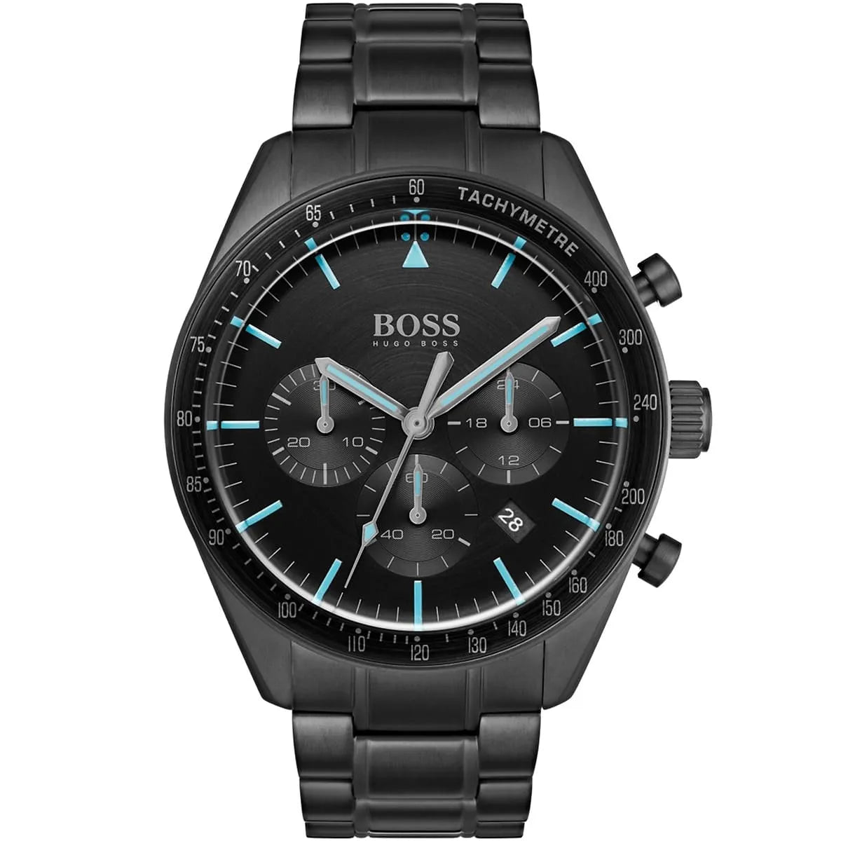 Hugo Boss Trophy 1513675 men's watch with black sunray dial, black ion-plated metal link strap, and 50m water resistance main view