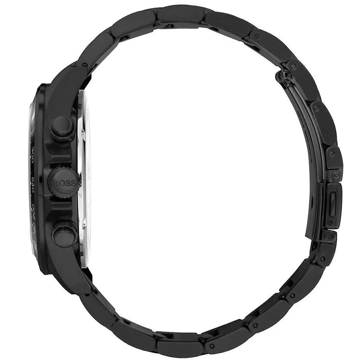 Side profile of Hugo Boss Trophy 1513675 showing 12mm thickness and black finish with 50m water resistance