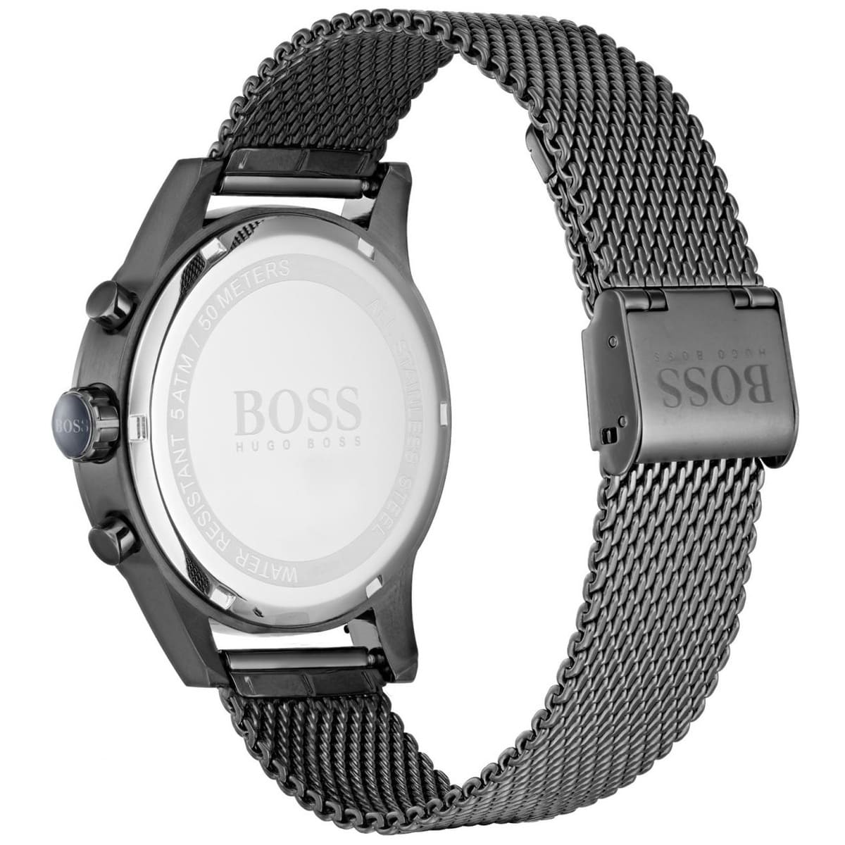 Back view photo of Boss Jet 1513677 showing the stainless steel caseback and engraved markings from Luxury Hub Store