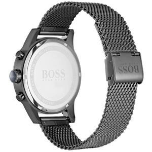 Back view photo of Boss Jet 1513677 showing the stainless steel caseback and engraved markings from Luxury Hub Store