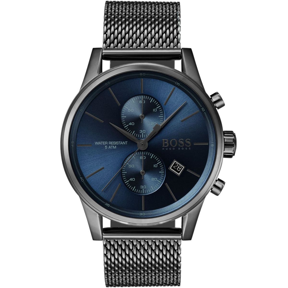 Authentic real-life photo of Boss Jet 1513677 showing silver bracelet and gray chronograph dial from Luxury Hub Store