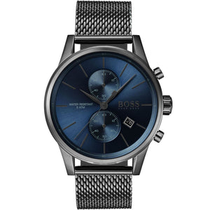 Authentic real-life photo of Boss Jet 1513677 showing silver bracelet and gray chronograph dial from Luxury Hub Store