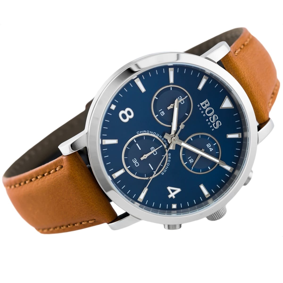 Left angled view of Hugo Boss Spirit 1513689 showing blue sunray dial detail and brown leather strap 30m water resistance