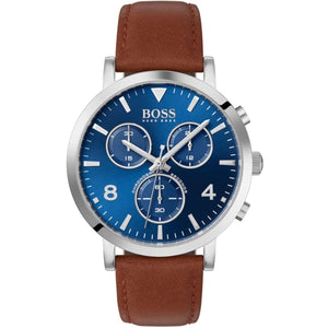 Hugo Boss Spirit 1513689 men's watch with blue sunray dial, silver stainless steel case, brown leather strap, and 30m water resistance main view