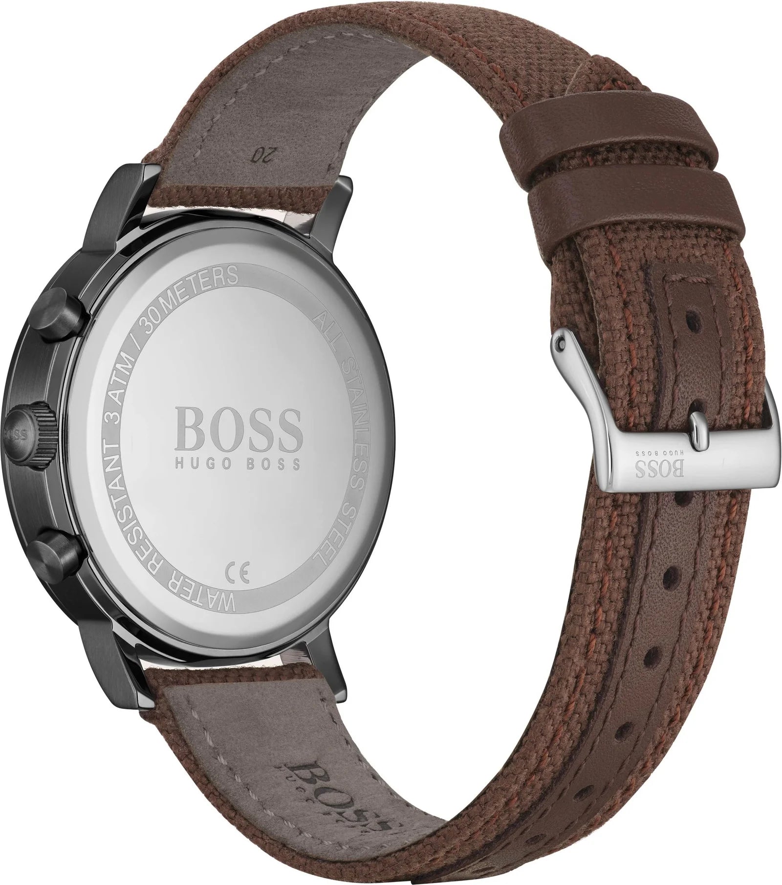 Caseback of Hugo Boss Spirit 1513690 showing technical specs silver dial and textile strap 30m water resistance