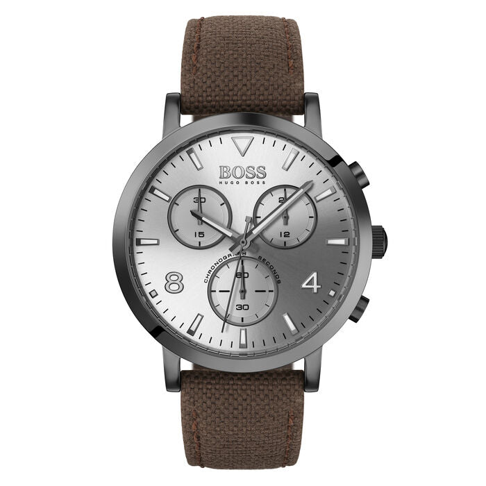 Hugo Boss Spirit 1513690 men's watch with silver sunray dial, grey case, brown textile strap, and 30m water resistance main view