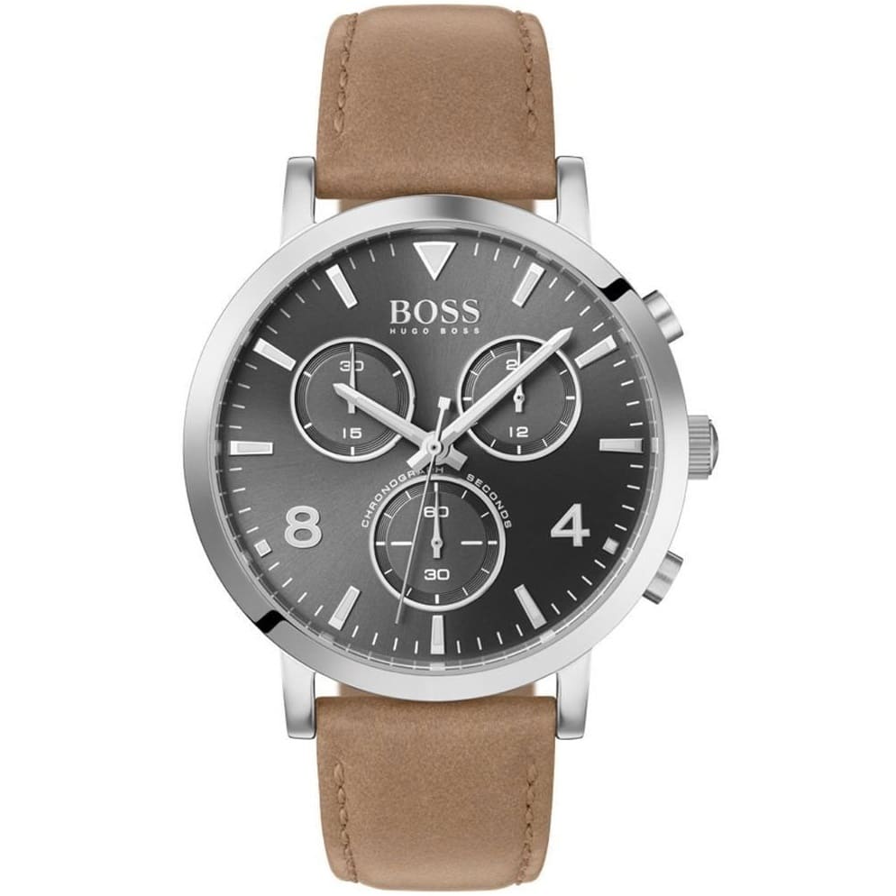 Hugo Boss Spirit 1513691 men's watch with gray sunray dial, brown leather strap, and 30m water resistance main view