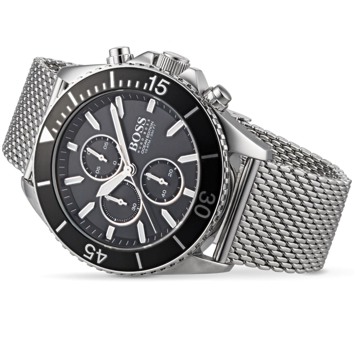 Right angled view of Hugo Boss Ocean Edition 1513701 highlighting black dial and black rotating bezel 100m water resistance