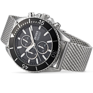 Right angled view of Hugo Boss Ocean Edition 1513701 highlighting black dial and black rotating bezel 100m water resistance