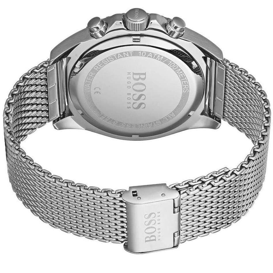 Caseback of Hugo Boss Ocean Edition 1513701 showing technical specs black dial and silver metal strap 100m water resistance