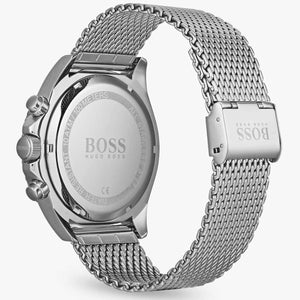 Detailed view of silver crown and pushers on Hugo Boss Ocean Edition 1513701 with black dial and silver metal strap 100m water resistant
