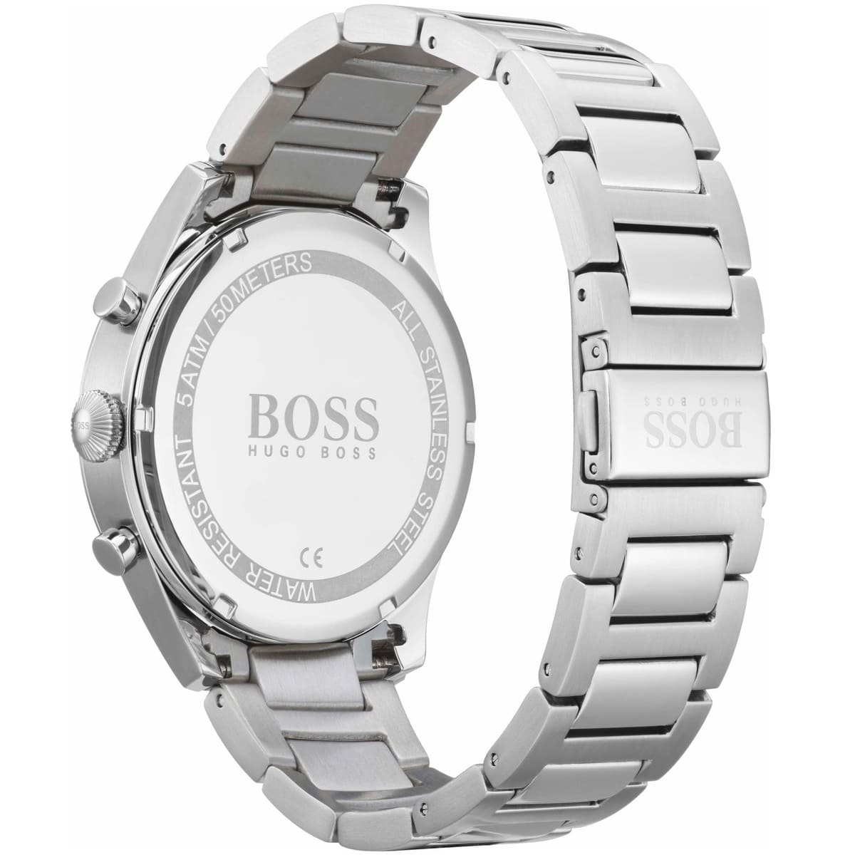 Caseback of Hugo Boss Pioneer 1513712 showing technical specs black dial and silver metal strap 50m water resistance