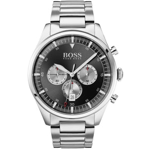Hugo Boss Pioneer 1513712 men's watch with black dial, silver metal link strap, and 50m water resistance main view