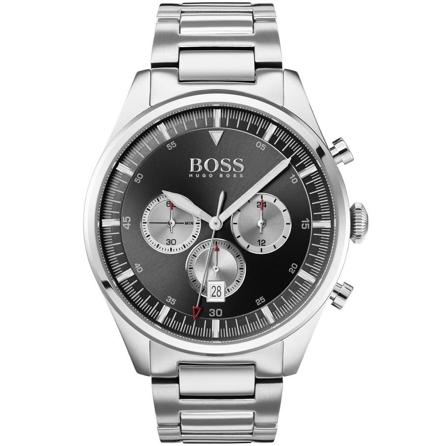 Hugo Boss Pioneer 1513712 men's watch with black dial, silver metal link strap, and 50m water resistance main view