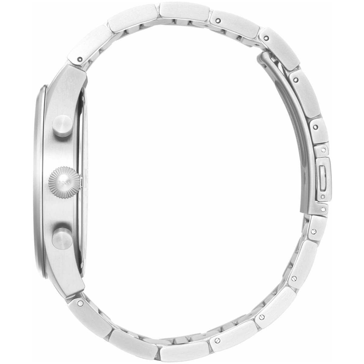 Side profile of Hugo Boss Pioneer 1513712 showing 11mm thickness and silver finish with 50m water resistance