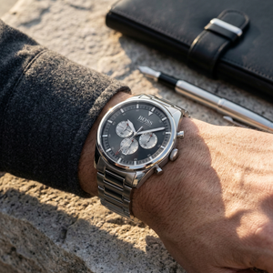 Close up of Hugo Boss Pioneer 1513712 on wrist showing black dial and silver metal link strap with 50m water resistance