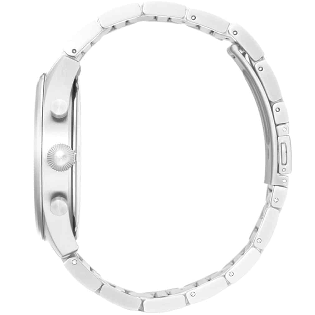 Side profile of Hugo Boss Pioneer 1513713 showing 11mm thickness and silver finish with 50m water resistance