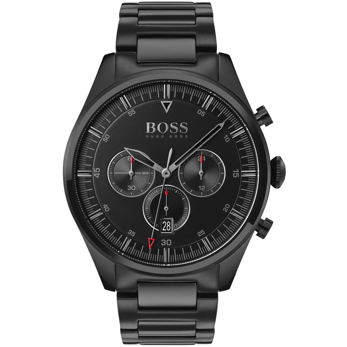 Authentic raw photo of Boss Pioneer 1513714 showing black bracelet and black dial with red accents from Luxury Hub Store.