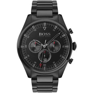 Authentic raw photo of Boss Pioneer 1513714 showing black bracelet and black dial with red accents from Luxury Hub Store.