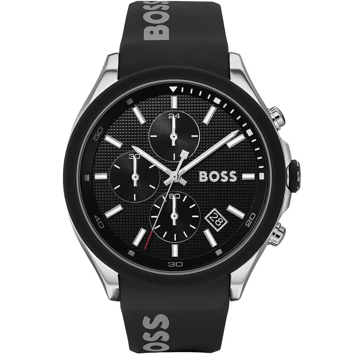 Front view of Hugo Boss Velocity 1513716 men's watch with black dial and black silicone strap.