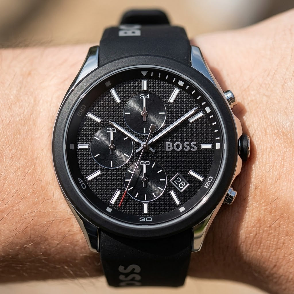 Live wrist shot of Hugo Boss Velocity 1513716 men's watch.