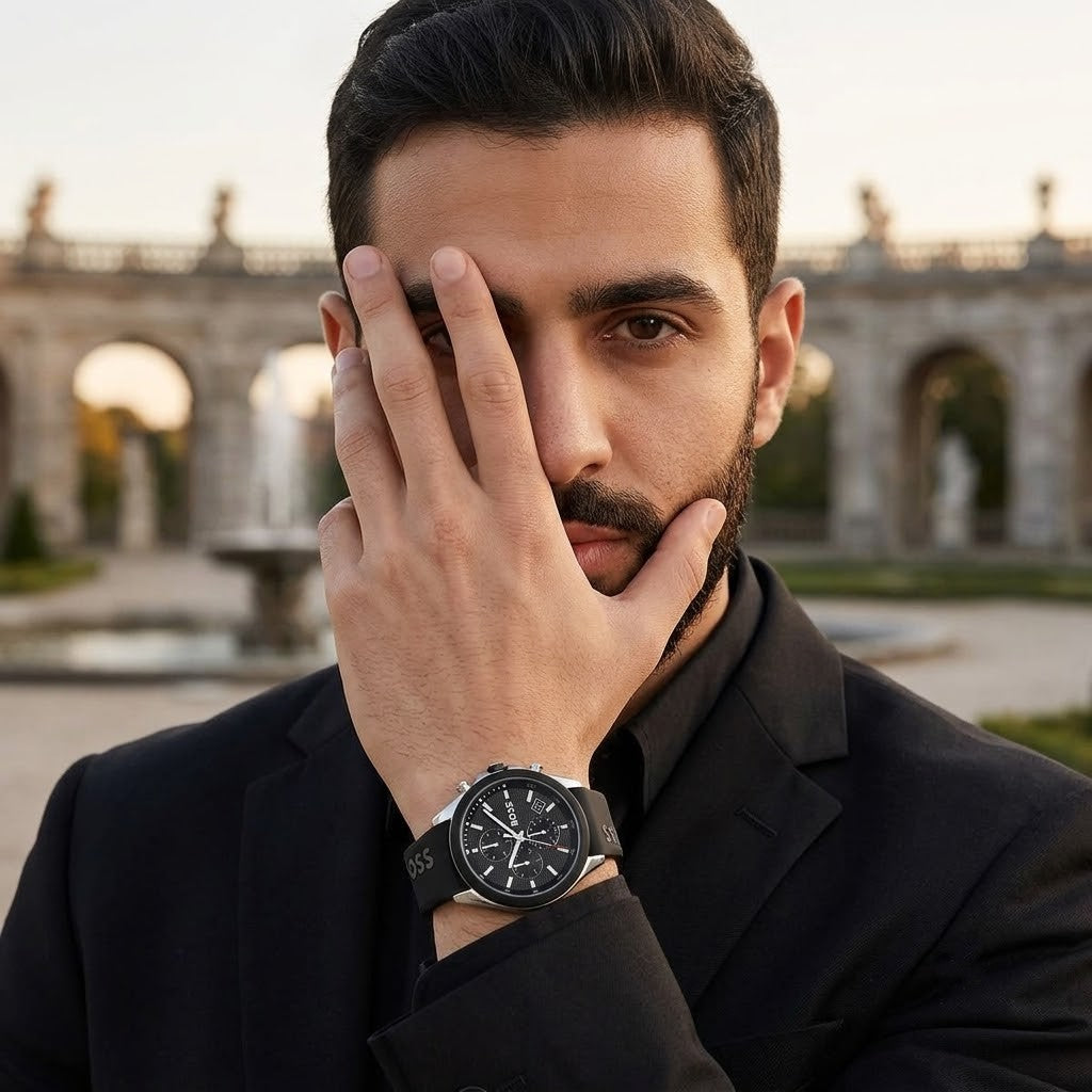 Lifestyle luxury shot featuring Hugo Boss Velocity 1513716 men's watch.